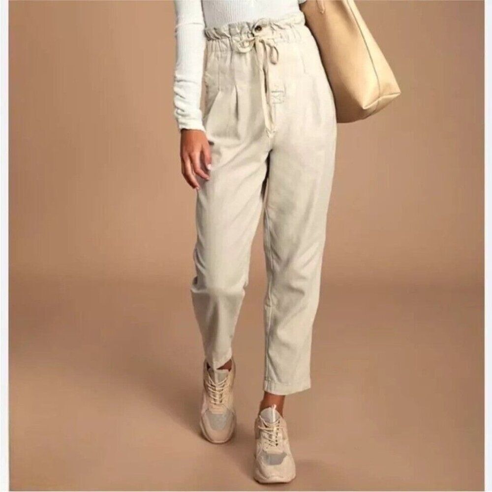 Free People Beige Khaki Margate Pleated Paperbag Ankle Trousers M Baggy Casual